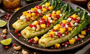 Grillowana sałata rzymska z mango, granatem i orzechami nerkowca. Idealny przepis na letnią sałatkę.
