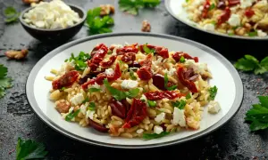 Pyszna sałatka z makaronem orzo, suszonymi pomidorami, fetą i oliwkami, udekorowana natką pietruszki.
