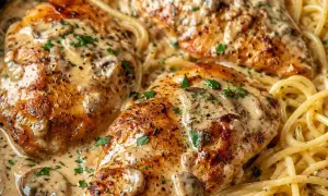 Kurczak w kremowym sosie z grzybami i makaronem spaghetti. Pyszny sos do kurczaka, który zachwyci każdego.