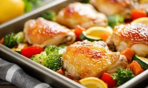 Pyszne pieczone udka kurczaka z warzywami i cytryną – idealne menu na urodziny w domu.