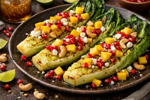 Grillowana sałata rzymska z mango, granatem i orzechami nerkowca. Idealny przepis na letnią sałatkę.