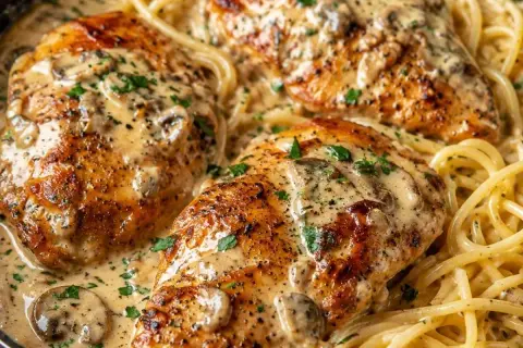 Kurczak w kremowym sosie z grzybami i makaronem spaghetti. Pyszny sos do kurczaka, który zachwyci każdego.