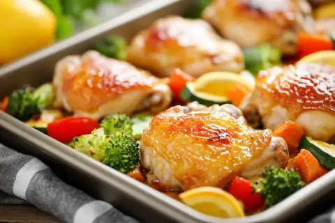 Pyszne pieczone udka kurczaka z warzywami i cytryną – idealne menu na urodziny w domu.