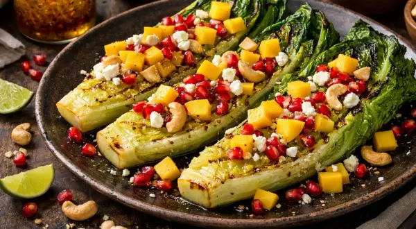 Grillowana sałata rzymska z mango, granatem i orzechami nerkowca. Idealny przepis na letnią sałatkę.