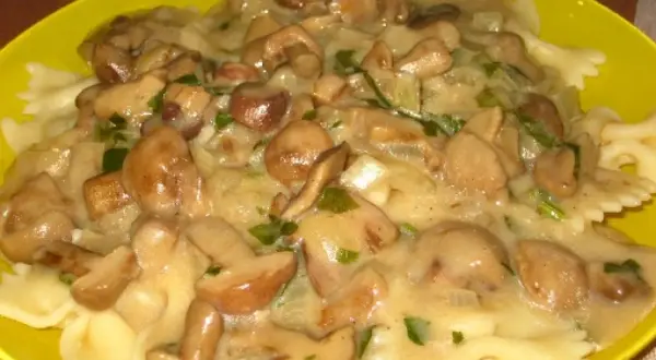 Pyszny makaron farfalle z kremowym sosem z maślaków, cebulą i natką pietruszki. Idealny przepis na to, jak zrobić sos z maślaków.