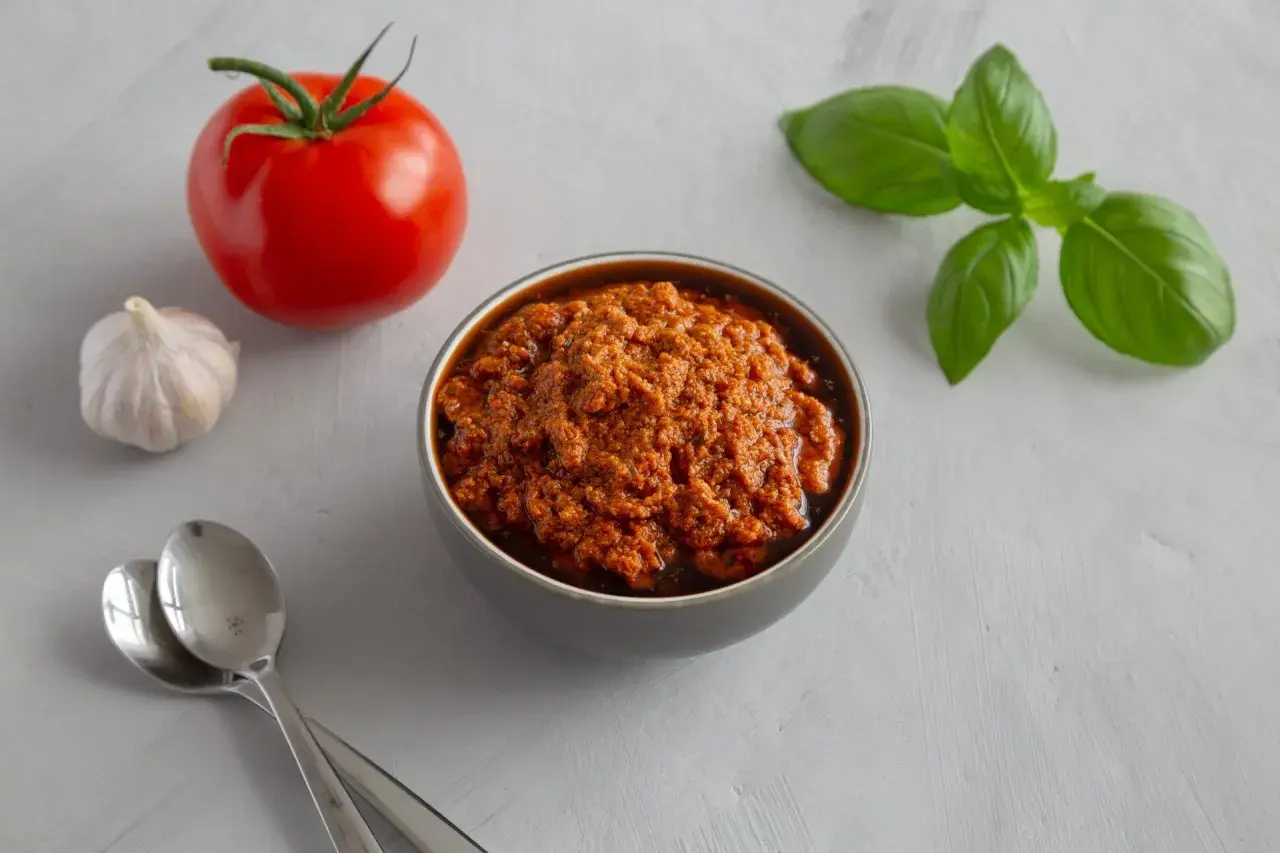 A miseczce znajduje się aromatyczna pasta z suszonych pomidorów, obok świeży pomidor, czosnek i listki bazylii.