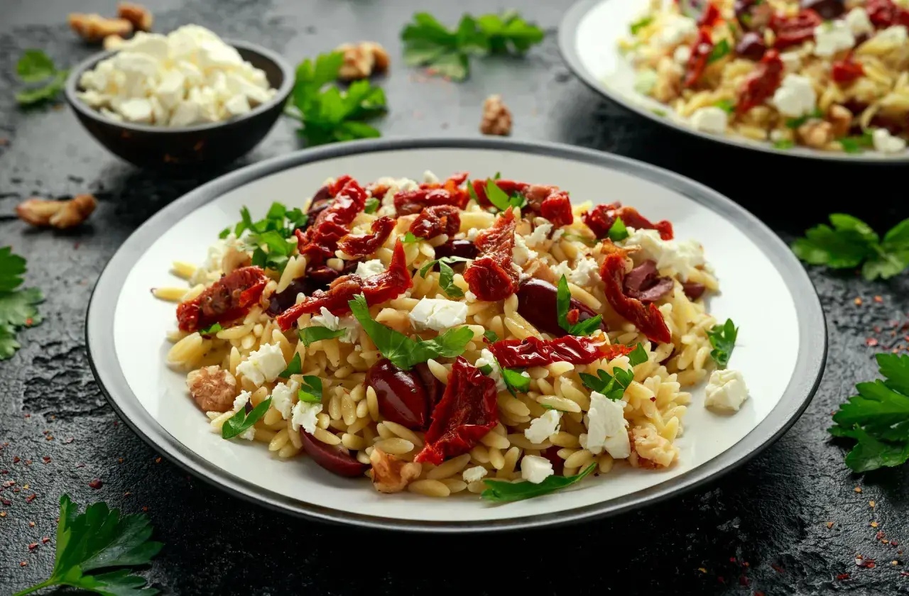 Pyszna sałatka z makaronem orzo, suszonymi pomidorami, fetą i oliwkami, udekorowana natką pietruszki.