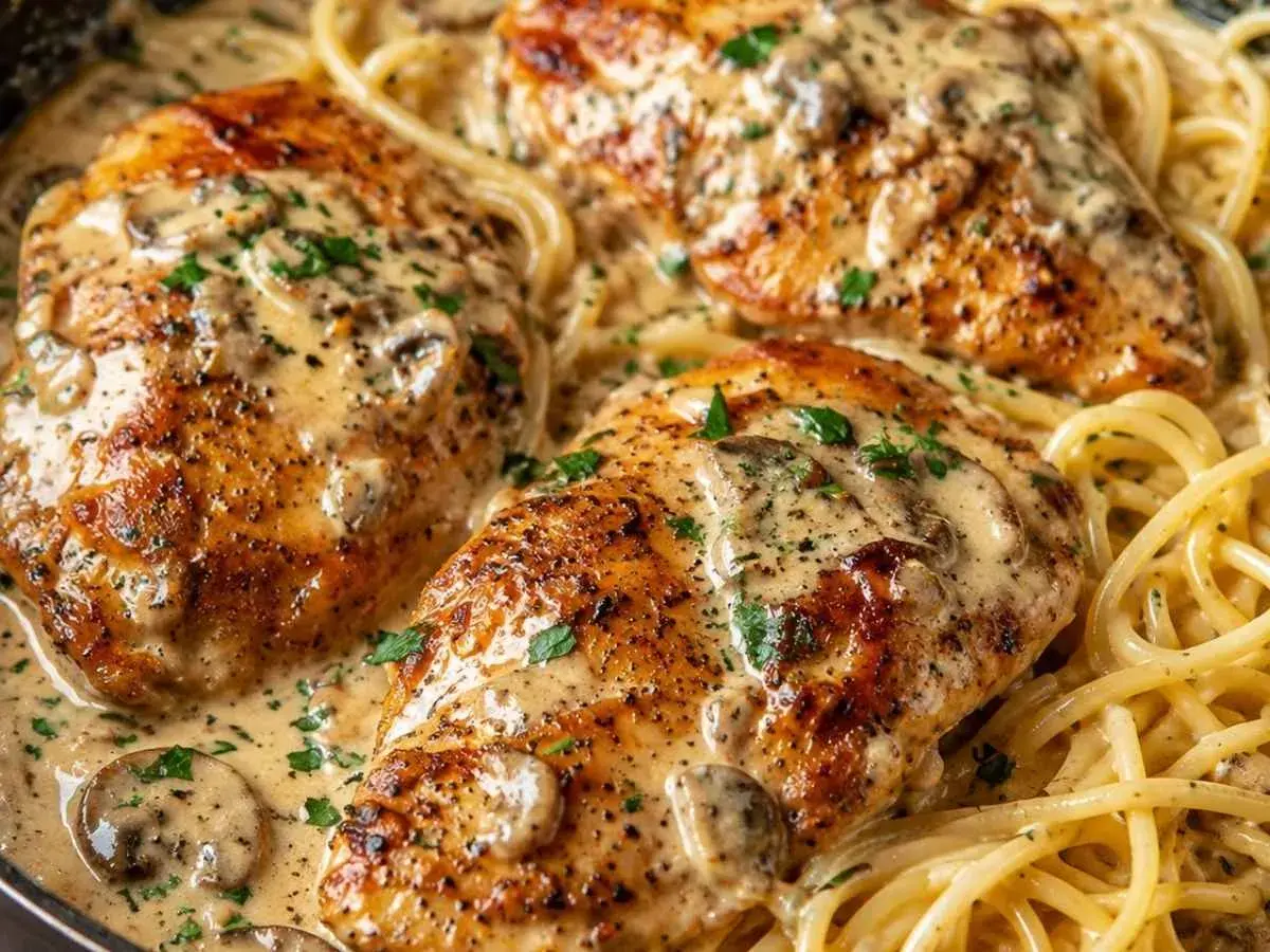 Kurczak w kremowym sosie z grzybami i makaronem spaghetti. Pyszny sos do kurczaka, który zachwyci każdego.
