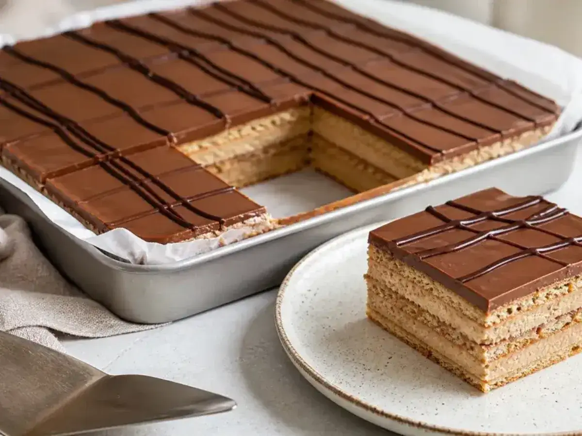 Pyszne ciasto Kinder Bueno w prostokątnej blaszce, z jednym kawałkiem na talerzyku. Warstwy jasnego biszkoptu przełożone kremem, oblane czekoladą.
