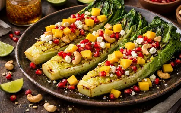 Grillowana sałata rzymska z mango, granatem i orzechami nerkowca. Idealny przepis na letnią sałatkę.