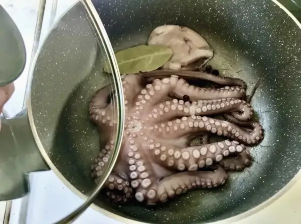 Ośmiornica w garnku z liściem laurowym i pieprzem, gotowa do przygotowania według przepisu.