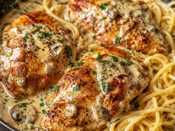 Kurczak w kremowym sosie z grzybami i makaronem spaghetti. Pyszny sos do kurczaka, który zachwyci każdego.
